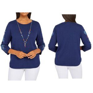 Alfred Dunner Petite Dark Blue Sweater NWT Attached Necklace Embroidered Floral